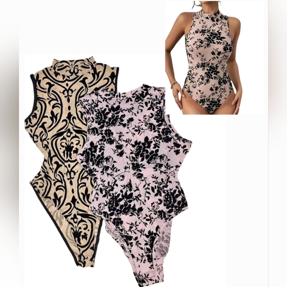Tops - 2 Pcs Floral Semi Sheer Mesh/Velvet Burnout Romantic Goth Sleeveless Bodysuit L